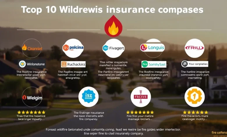 A clipboard with a checklist of top wildfire insurance companies, next to a burning forest in the background.